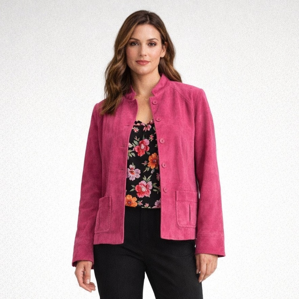 Parisian Signature Pink Suede Leather Jacket Women’s Size L Button Front
